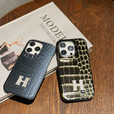 H Crocodile Pattern Leather iPhone Case