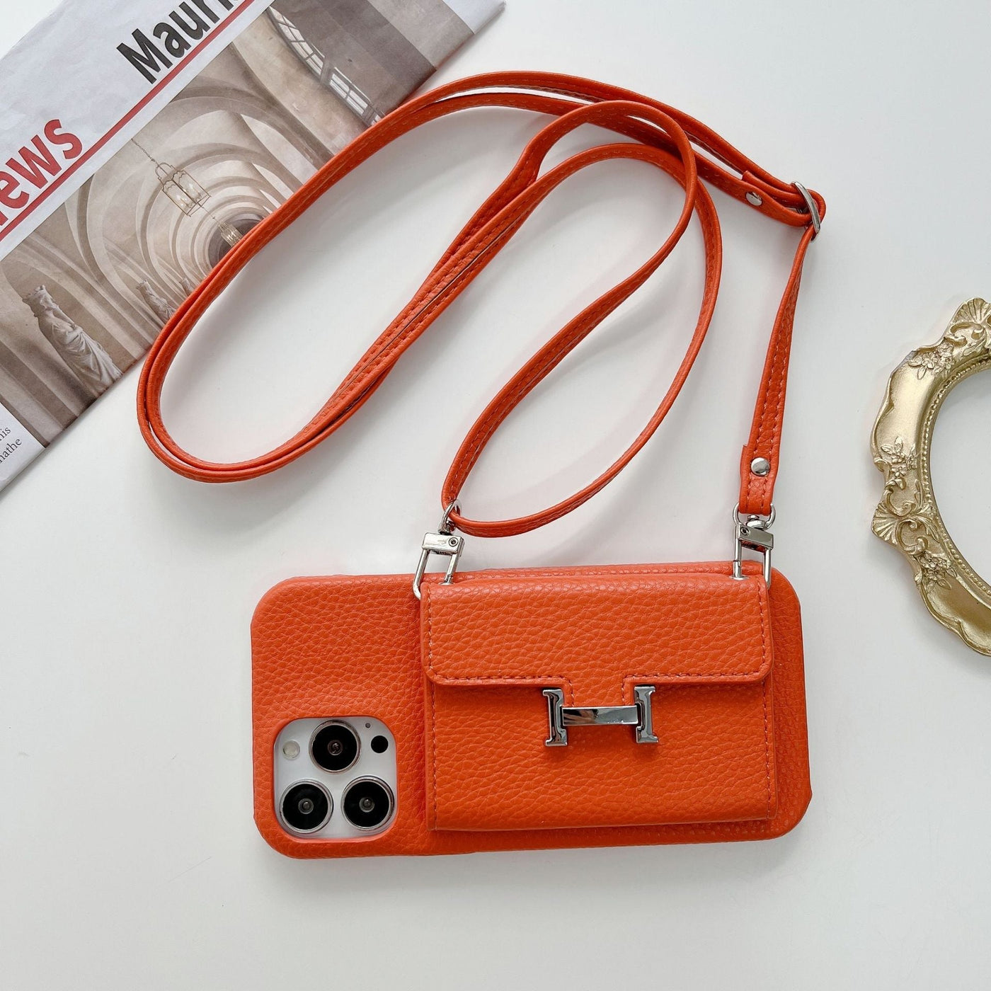 iPhone Case - HERMES Card Leather Chain Orange Case