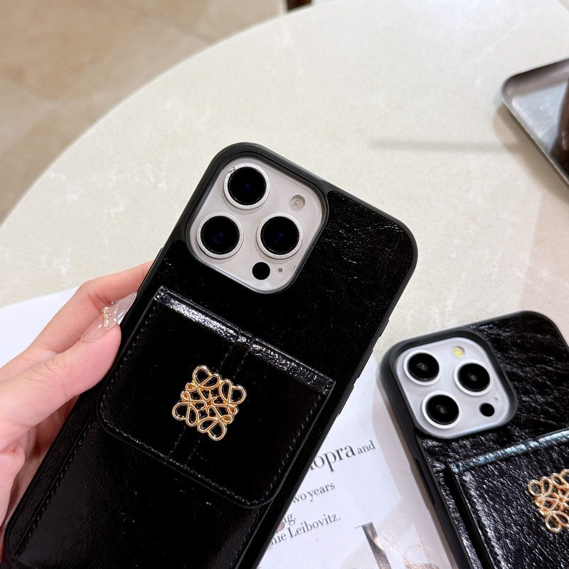 Loe Black Leather Card Bag Chain iPhone Case