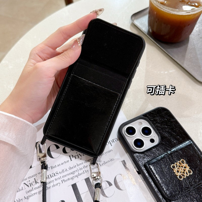 Loe Black Leather Card Bag Chain iPhone Case