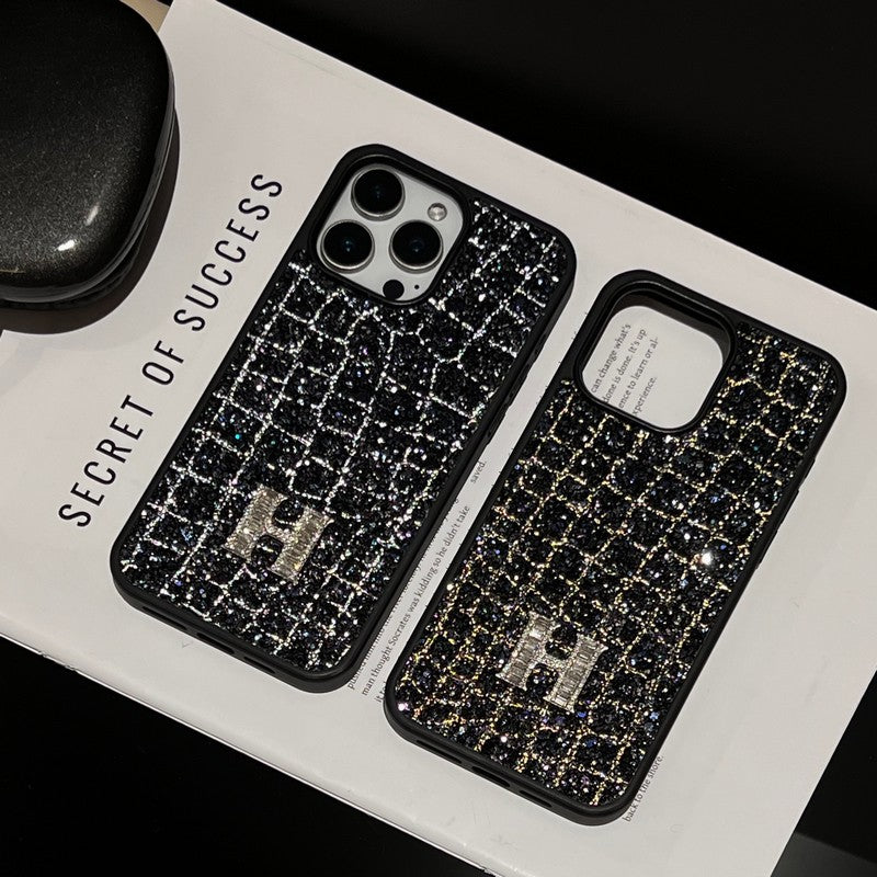 Herm Gold & Silver Diamond Black Leather iPhone Case