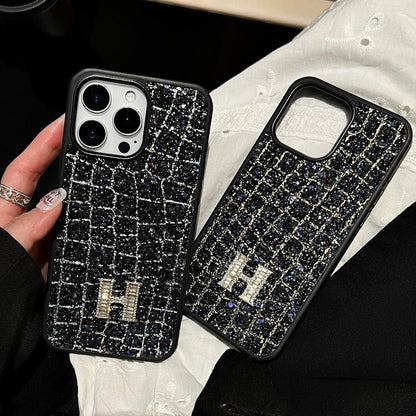 Herm Gold & Silver Diamond Black Leather iPhone Case