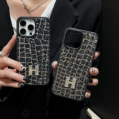 Herm Gold & Silver Diamond Black Leather iPhone Case