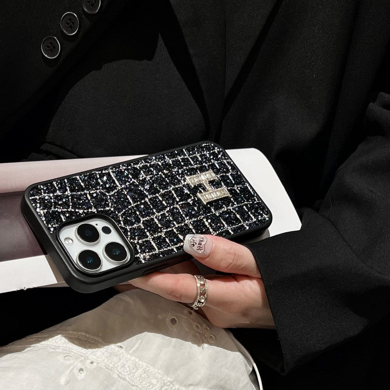 Herm Gold & Silver Diamond Black Leather iPhone Case