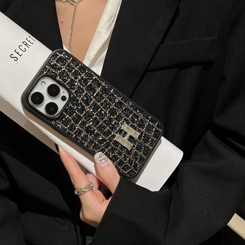 Herm Gold & Silver Diamond Black Leather iPhone Case