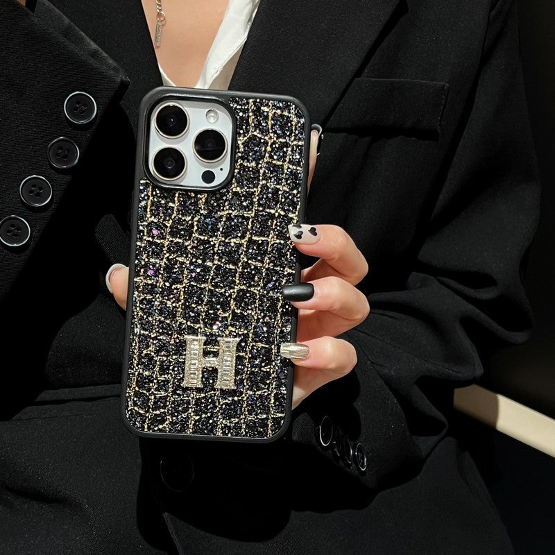 Herm Gold & Silver Diamond Black Leather iPhone Case