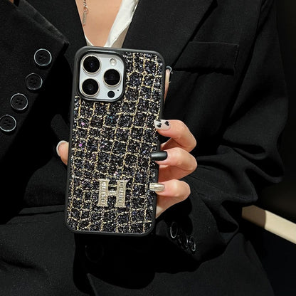 Herm Gold & Silver Diamond Black Leather iPhone Case