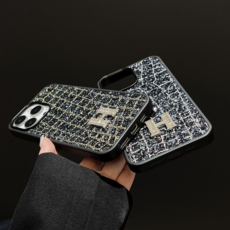 Herm Gold & Silver Diamond Black Leather iPhone Case